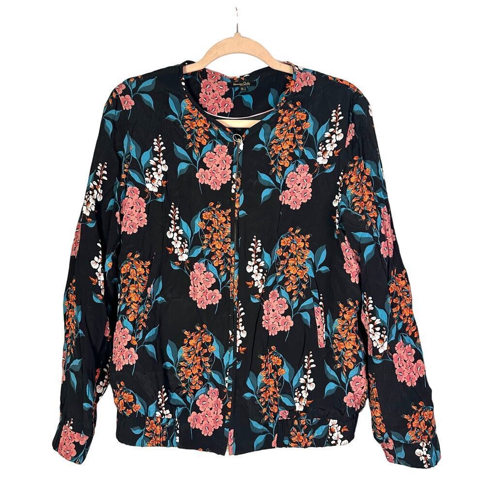 MASSIMO DUTTI Black Floral Bomber Jacket Viscose - Size Large